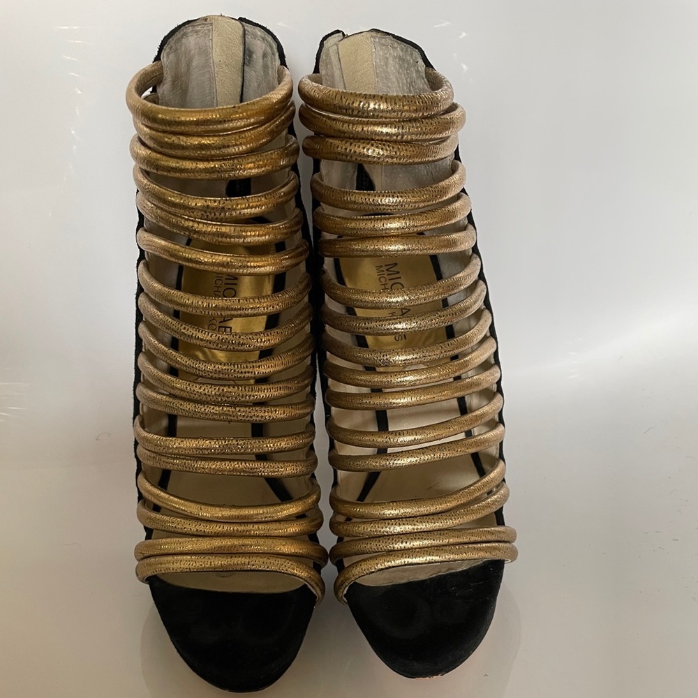 Michael Kors Suede Caged Heels - Black/Gold